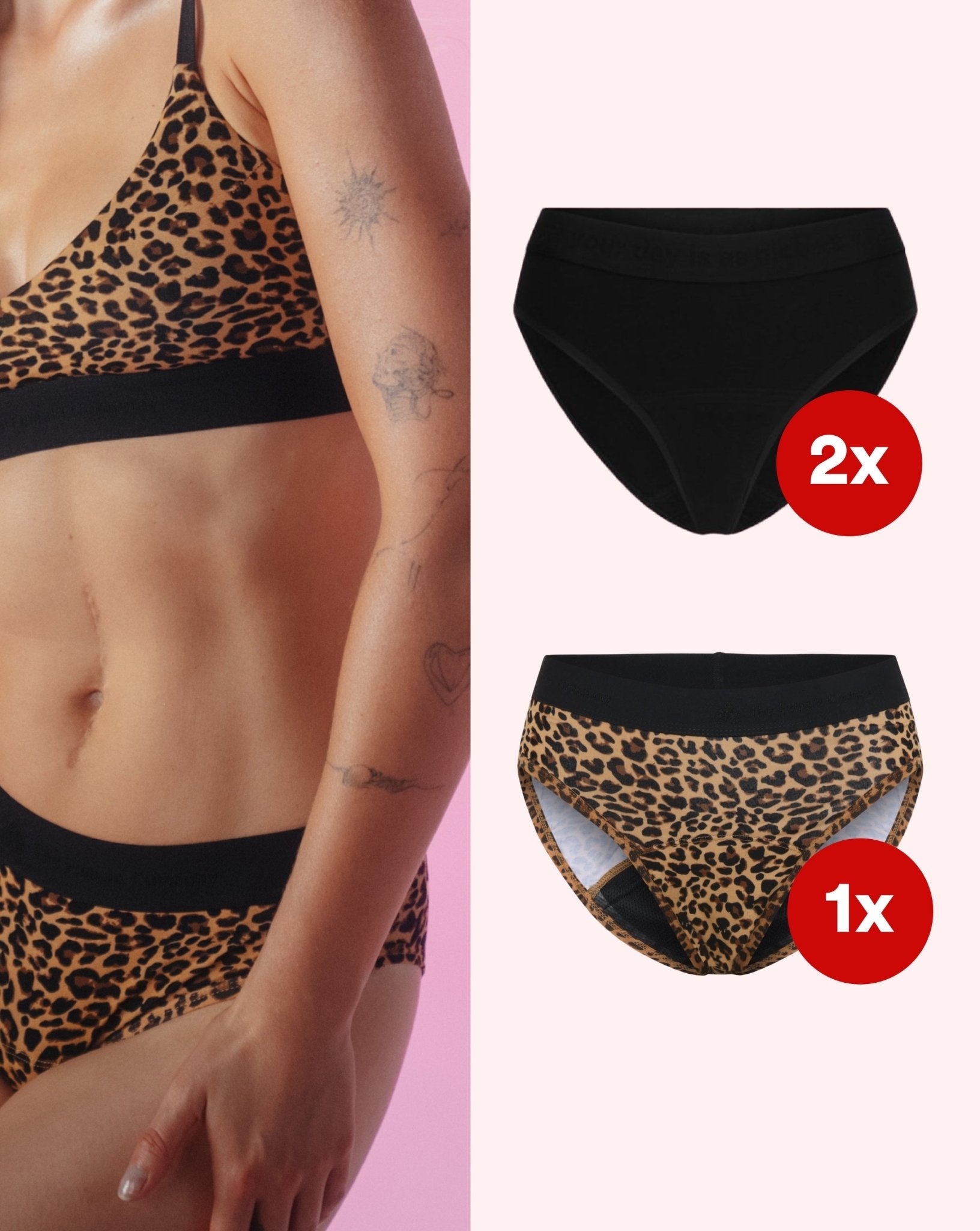 SET: Period Panty – Extra Strong – 2x Basic Brief Schwarz / 1x Leo Sienna
